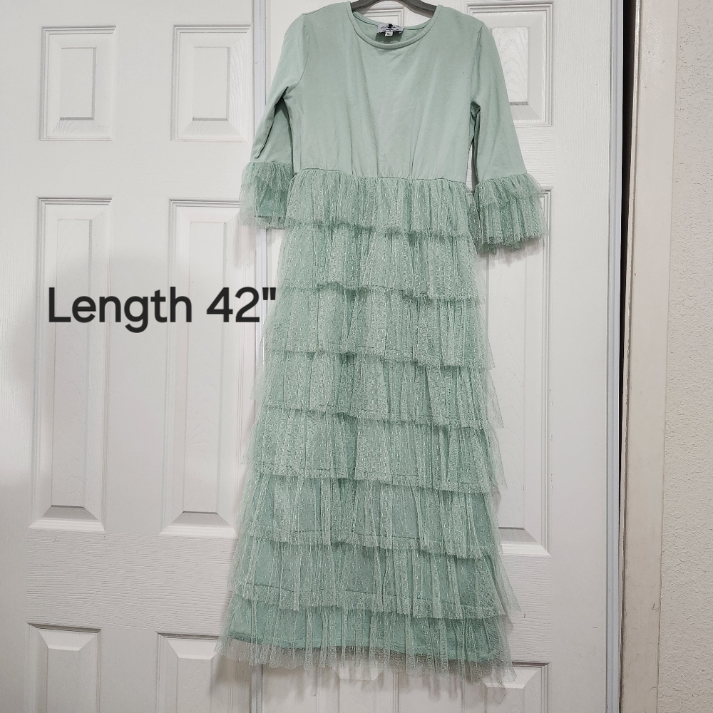 Girls' Mint Green Tiered Tulle Dress - Long Sleeve